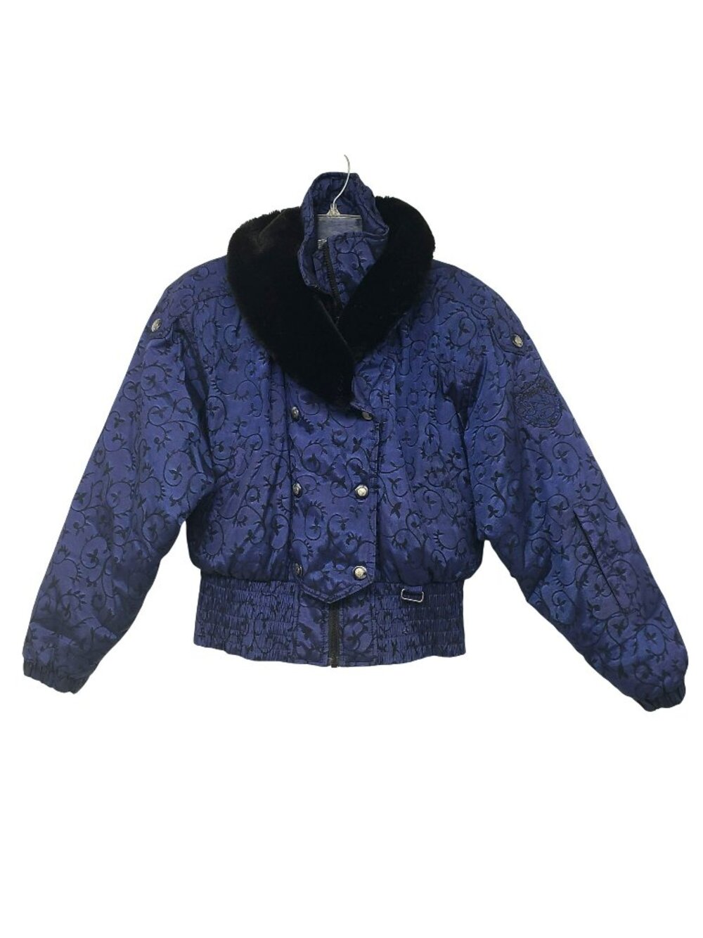 Vintage Nils Down Fill Ski Jacket Winter Coat Fur Trim Blue Jacquard Print Retro